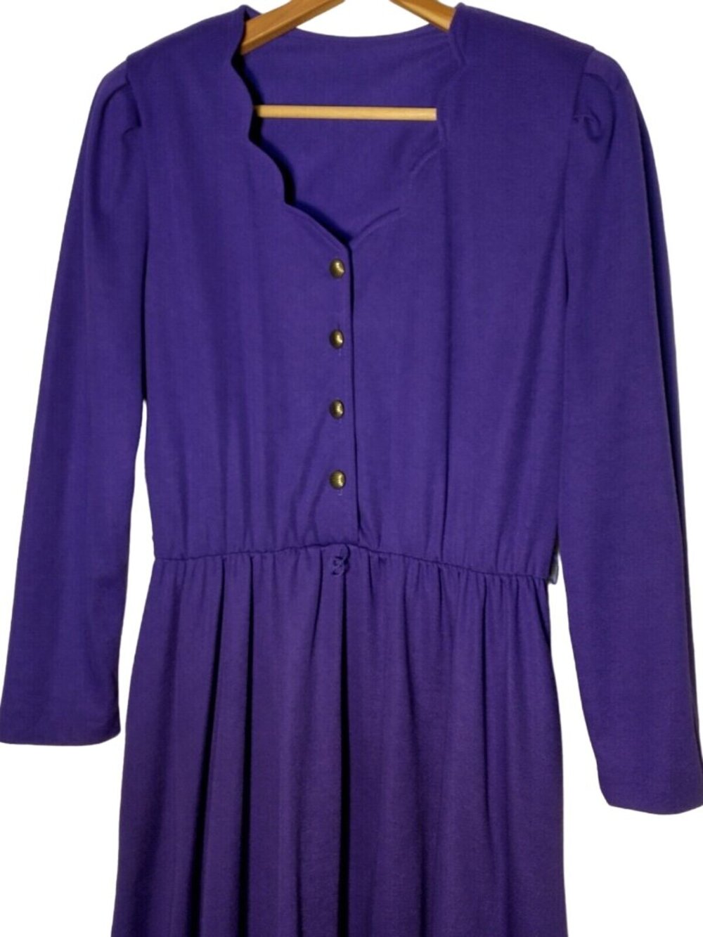 Vintage 80s Purple Dress Size 10 Button Scalloped V Neck Long Sleeve Modest READ